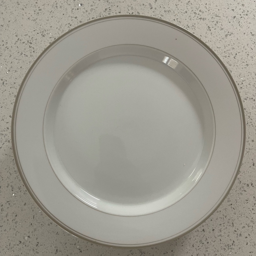 Elegant White Dinner Plate with Silver Trim